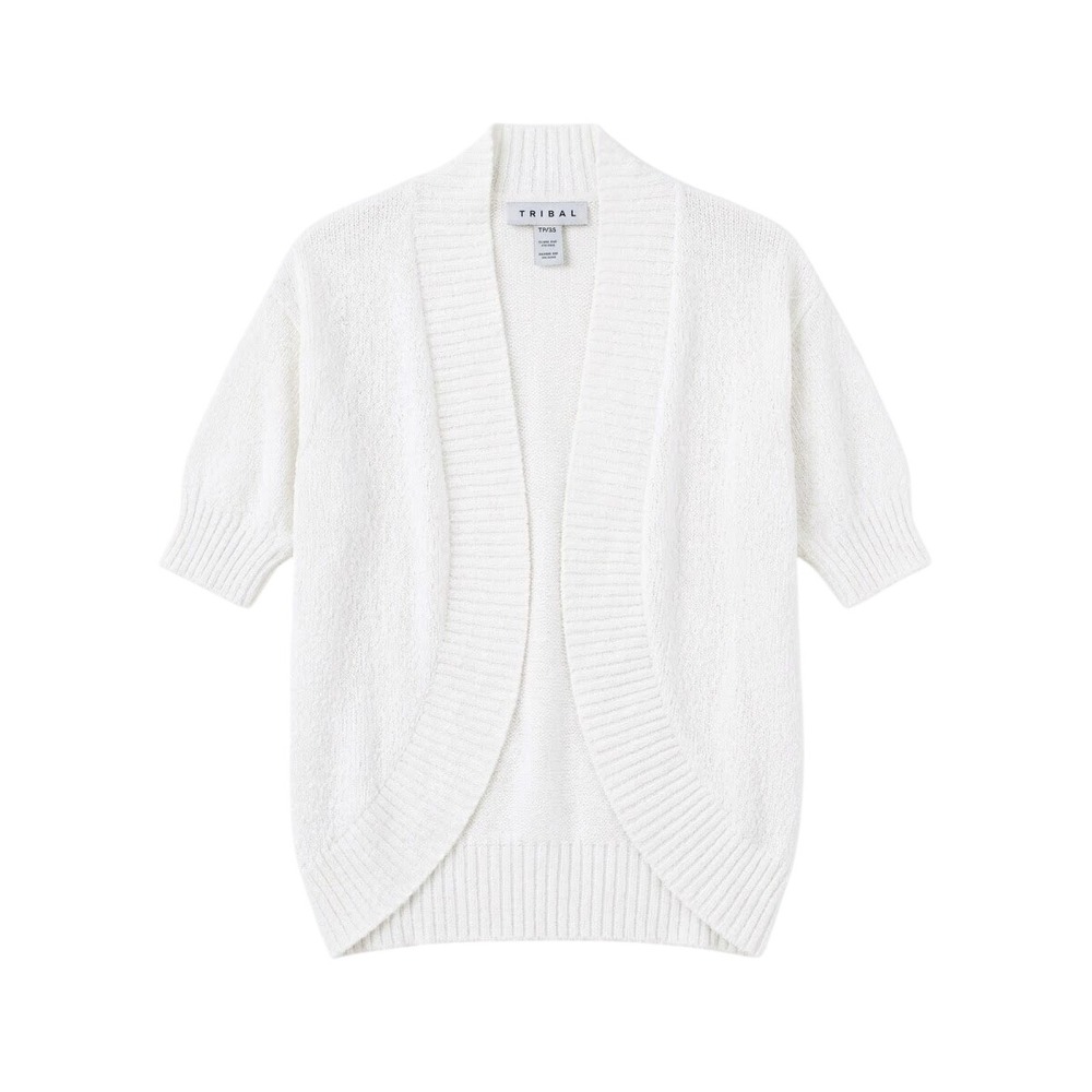 Tribal Cardigan Sweater Women XS White Short Sleeve Open Front Ribbed